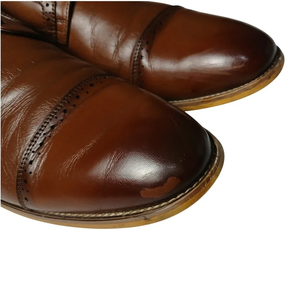 Stacy Adams Mens Cap Toe Oxford Dress‎ Shoes Cognac Brown Leather Brogue Lace Up